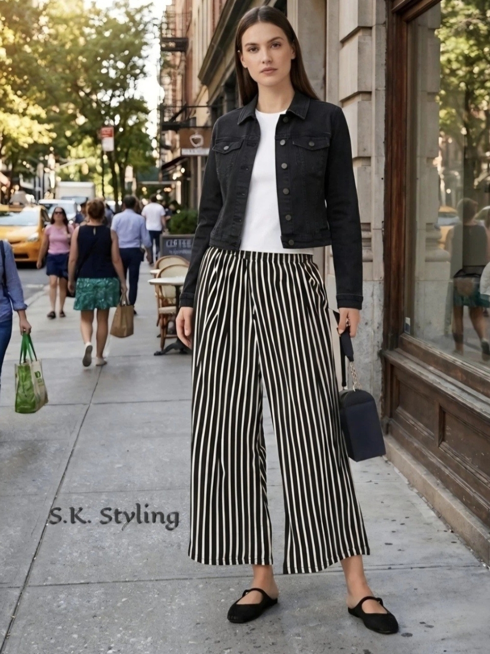 NWT Black Stripe Modern Cropped Gaucho Wide Leg Pant Soft Flowy Stretch Knit S/M